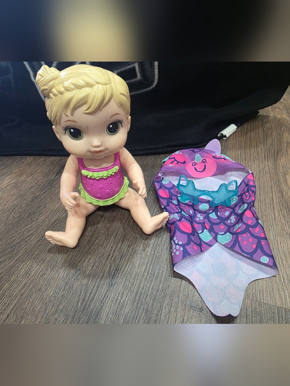 Baby Alive Doll with Pink & Green Swimsuit and Purple Mermaid Towel